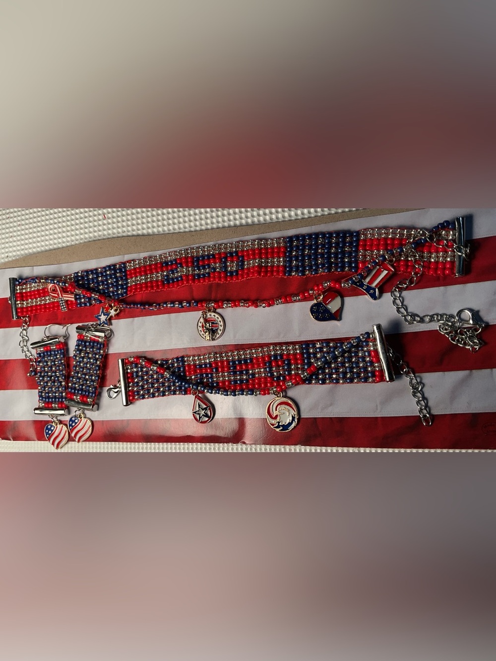 250 USA anniversary ! Red, Blue & Silver Patriotic Multi-Strand Beaded Necklace